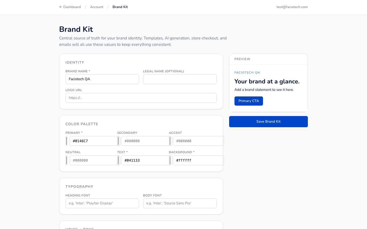 Brand Kit settings page