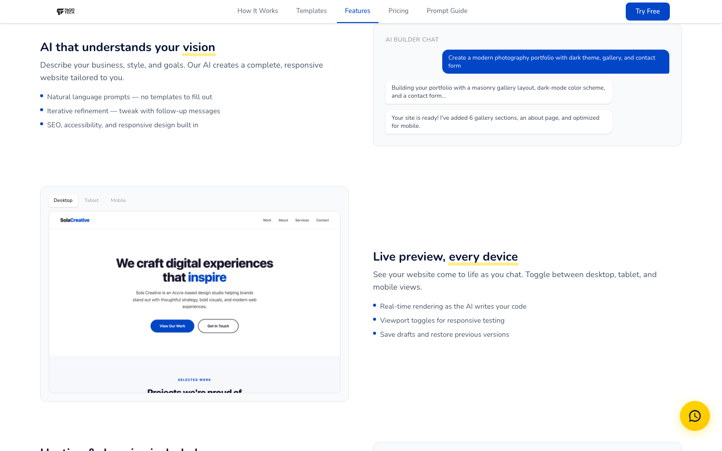 Features section of the marketing page showing real modules