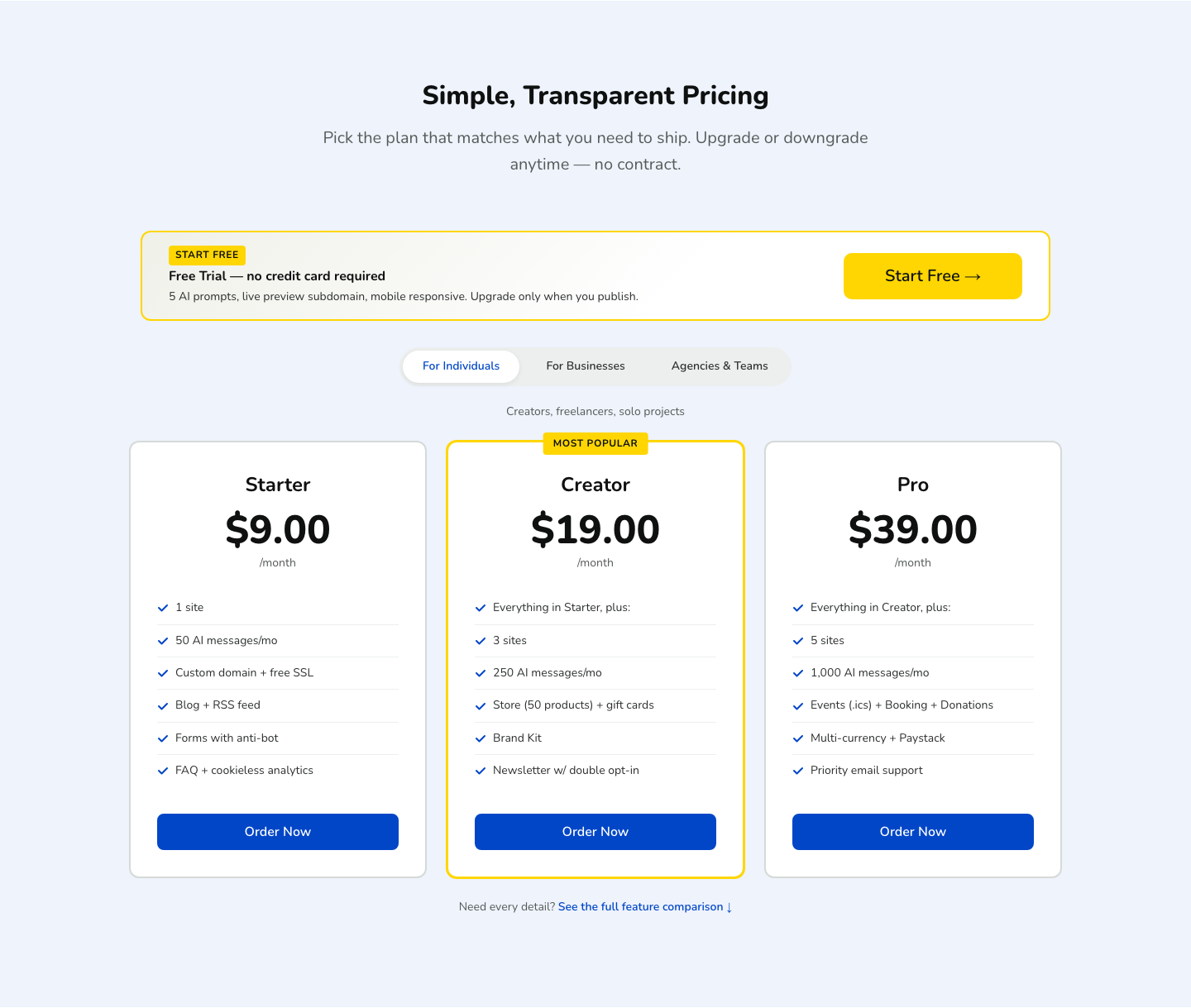 Pricing tabs — For Individuals, For Businesses, Agencies &amp; Teams